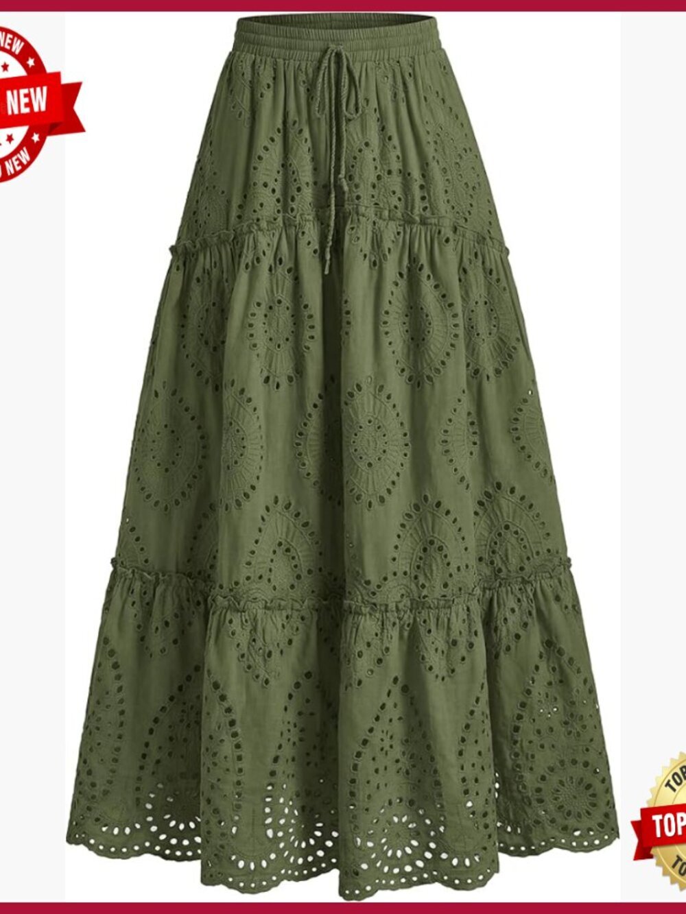 Lace Embroidered Maxi Skirt High Waist Flowy Tiered Boho Summer